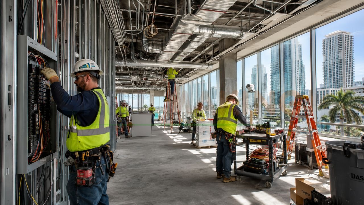Commercial electricians working on electrical installation inside a high rise building construction project in Florida