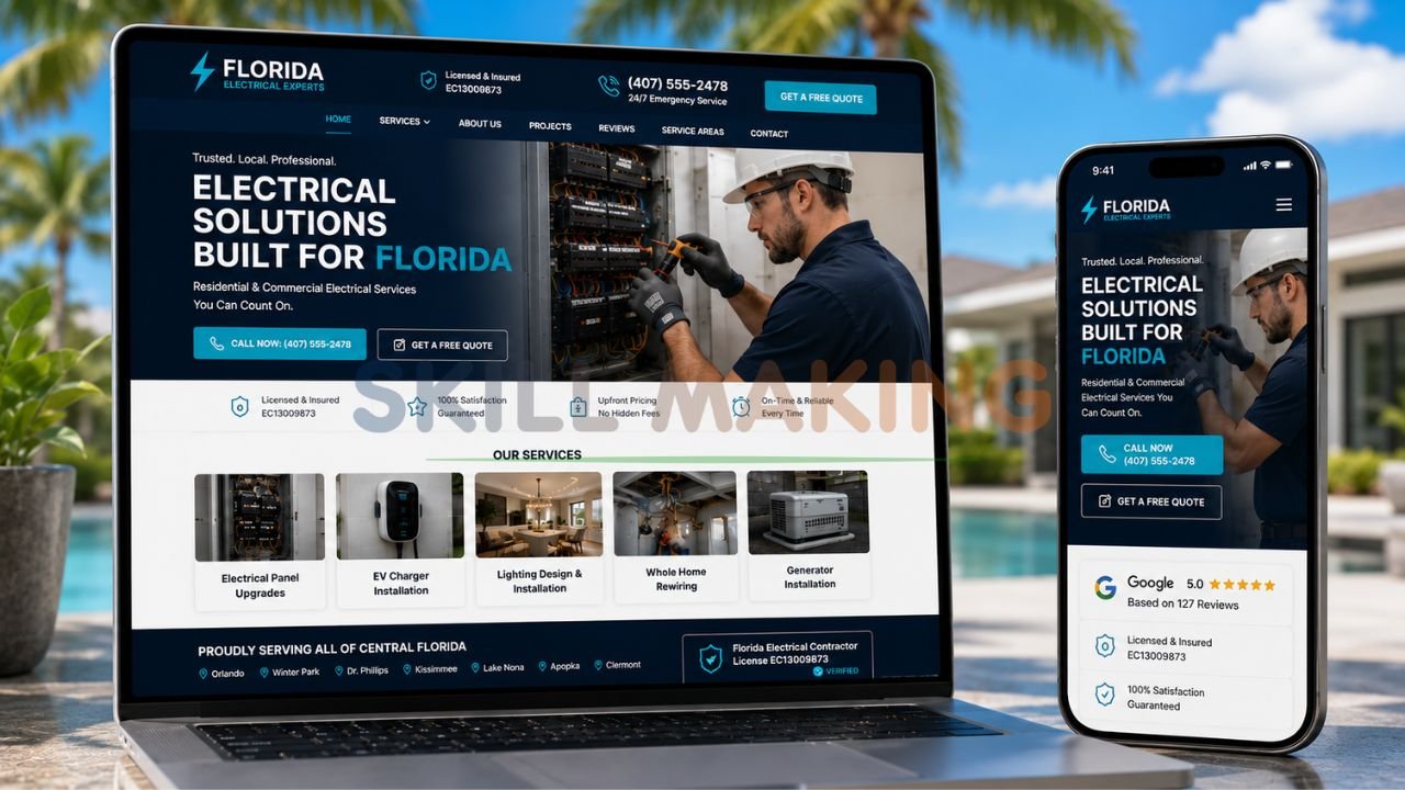 Professional electrical contractor website mockup on laptop and mobile for Florida leads