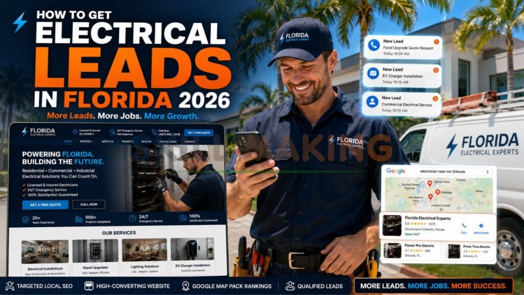 Florida electrician receiving more leads on smartphone with professional website and sunny background