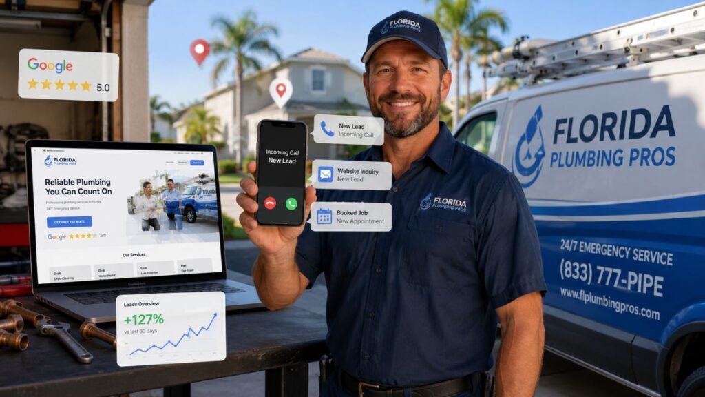 Florida plumbing contractor generating new plumbing leads through website SEO Google reviews online bookings and local marketing