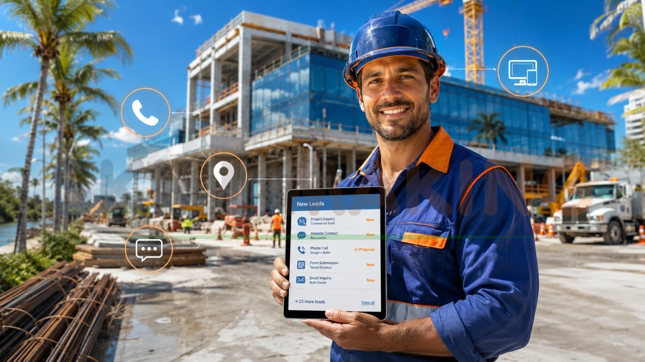 Construction contractor showing digital lead generation dashboard on tablet
