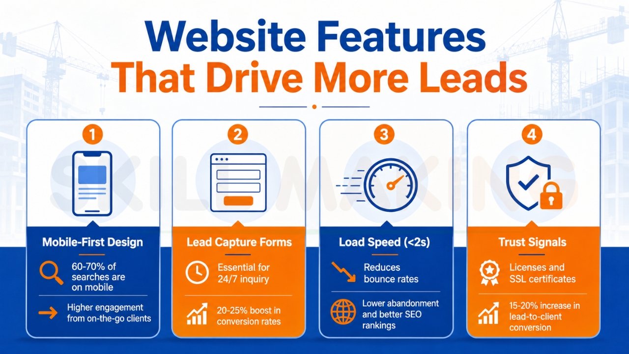 Website features that drive more construction leads infographic