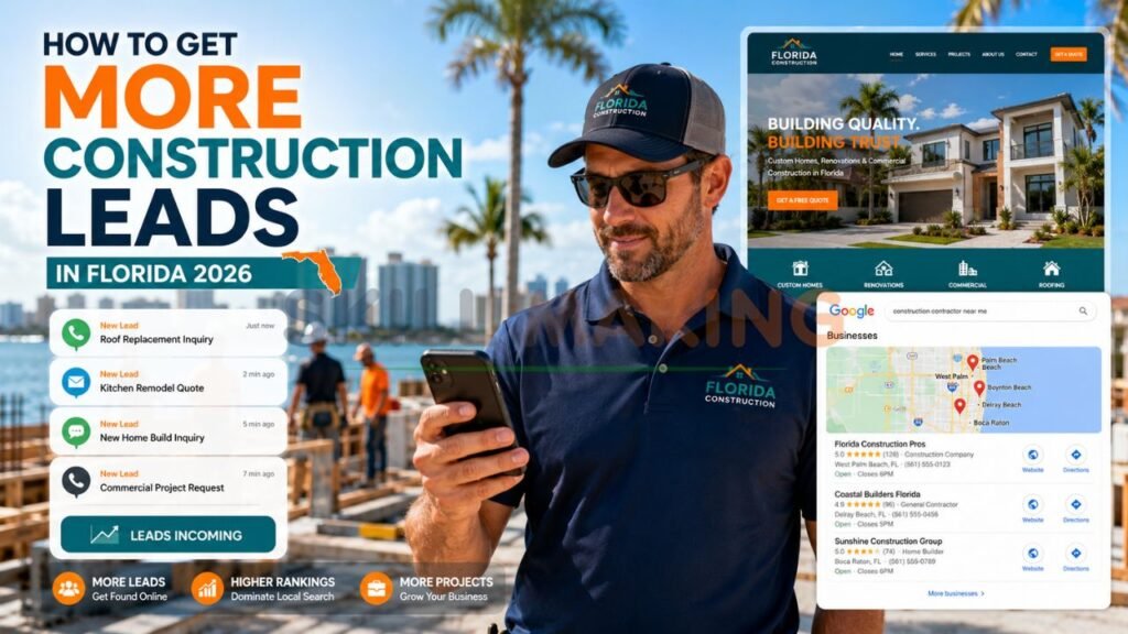 Professional Florida construction contractor receiving leads with website and Google Map Pack in background