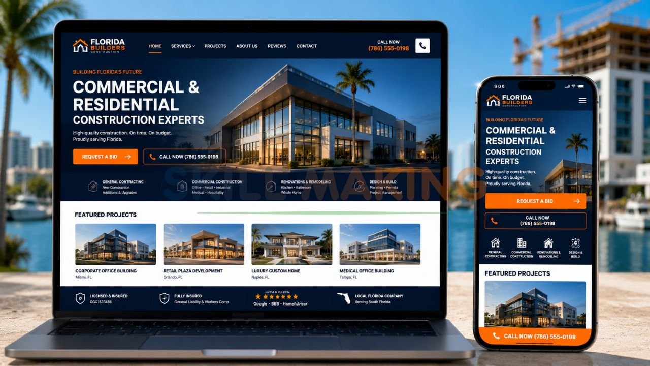 Professional construction company website mockup on laptop and mobile optimized for Florida leads