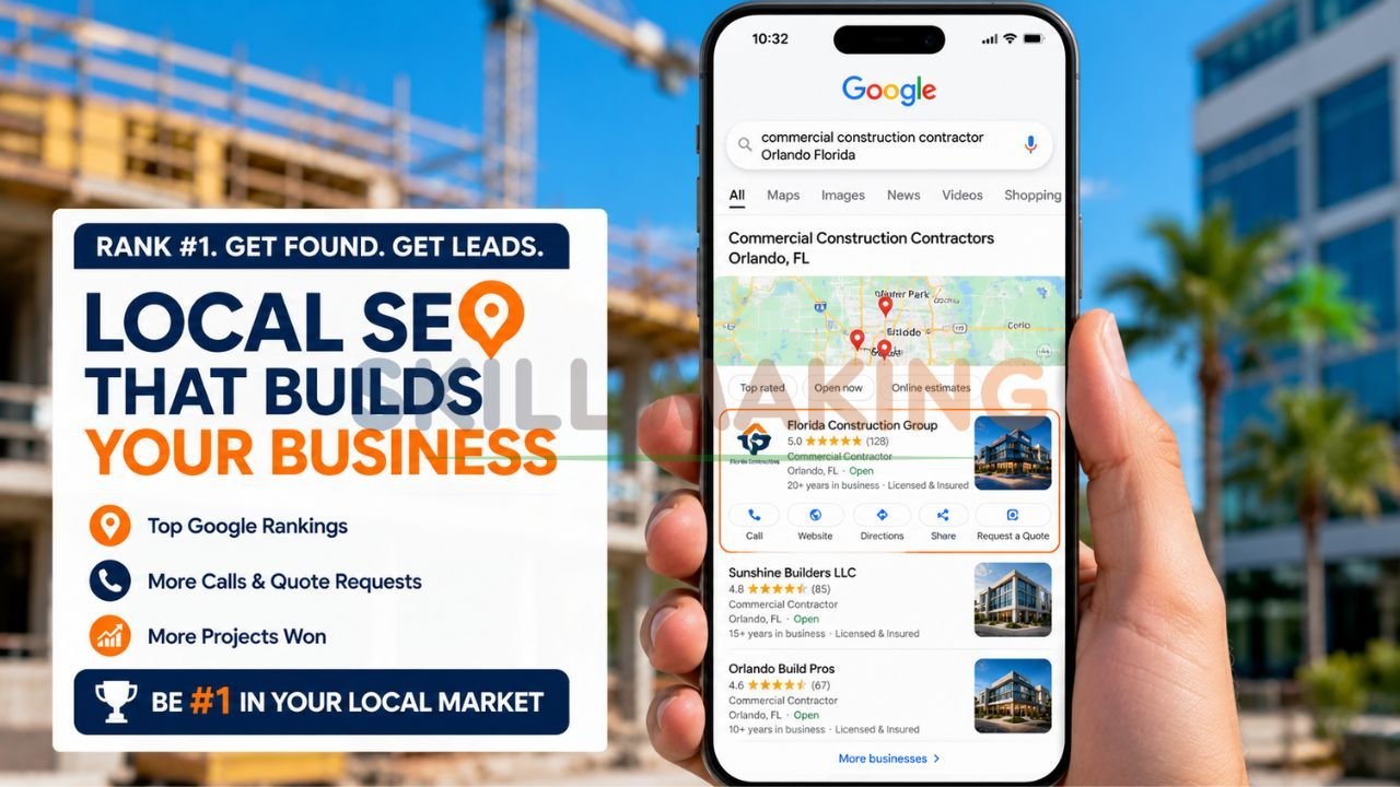 Google search results and Map Pack showing construction company ranking high in Florida