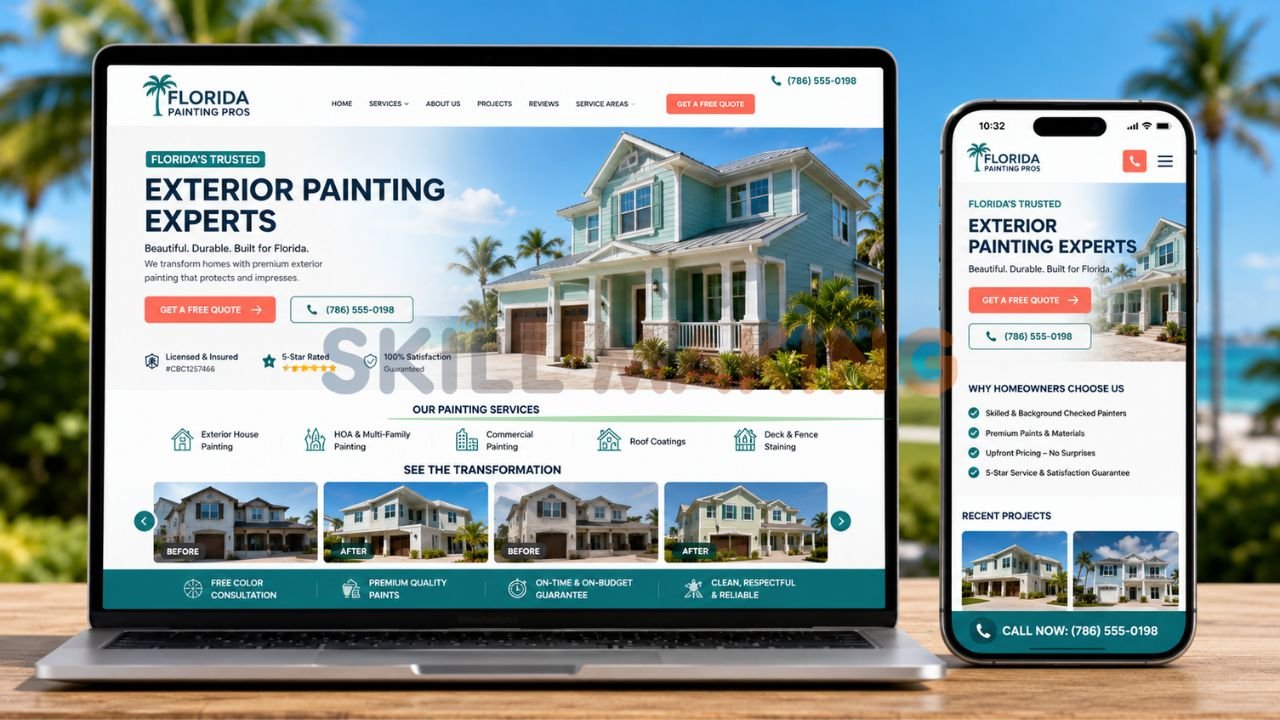 Modern professional exterior painting contractor website mockup optimized for Florida leads