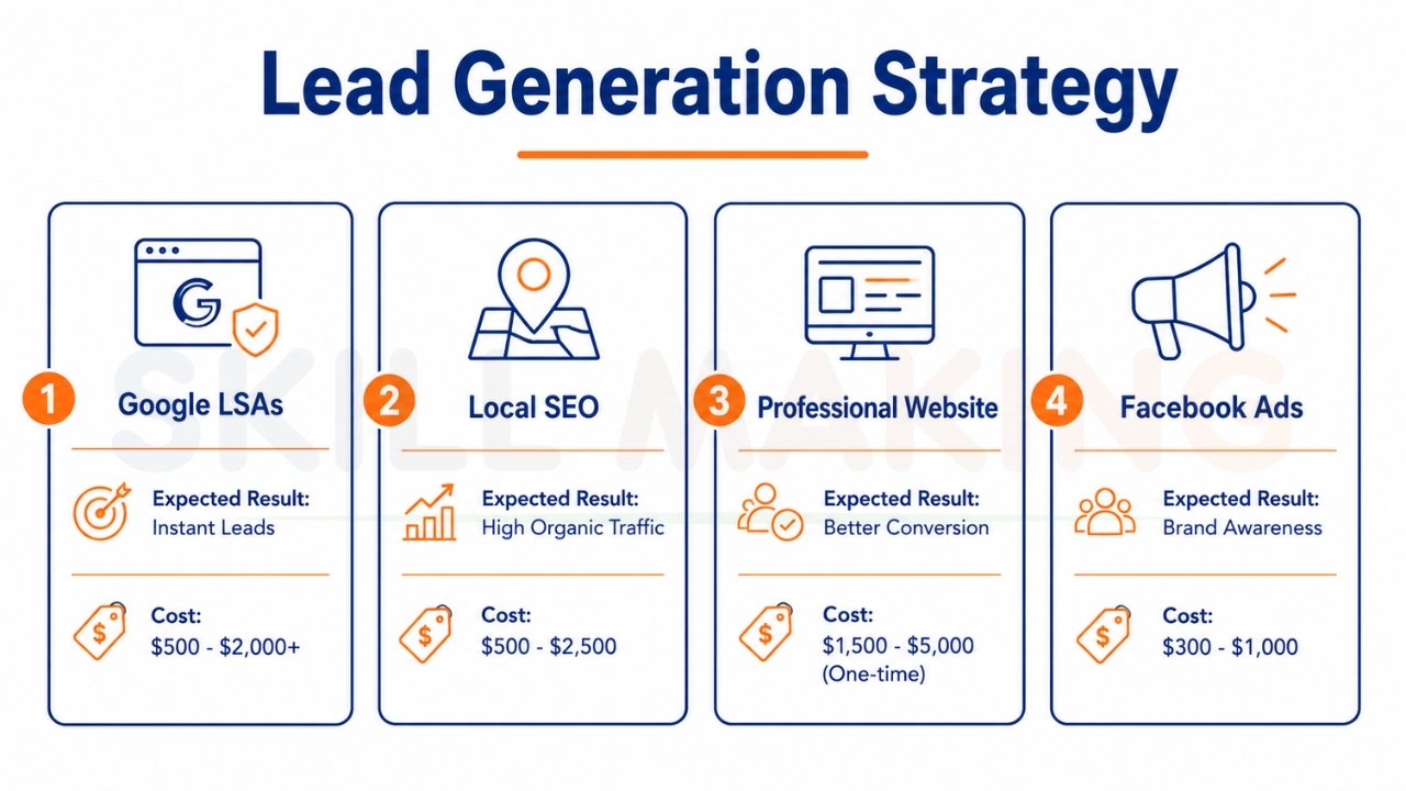 Lead generation strategy infographic for contractor and plumbing businesses