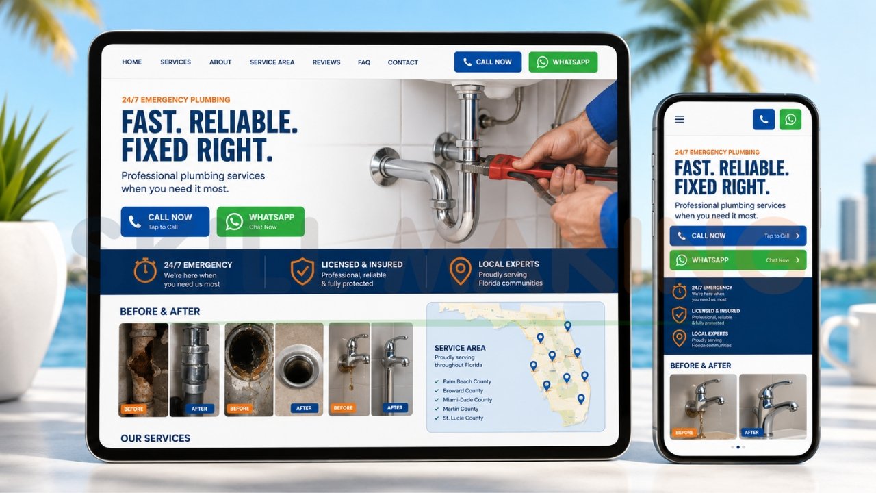 Mobile-friendly plumbing website design with call and WhatsApp buttons