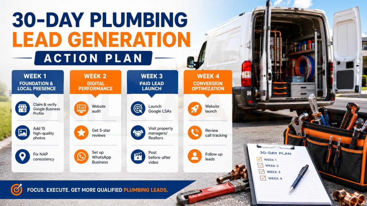 30-day plumbing lead generation action plan infographic