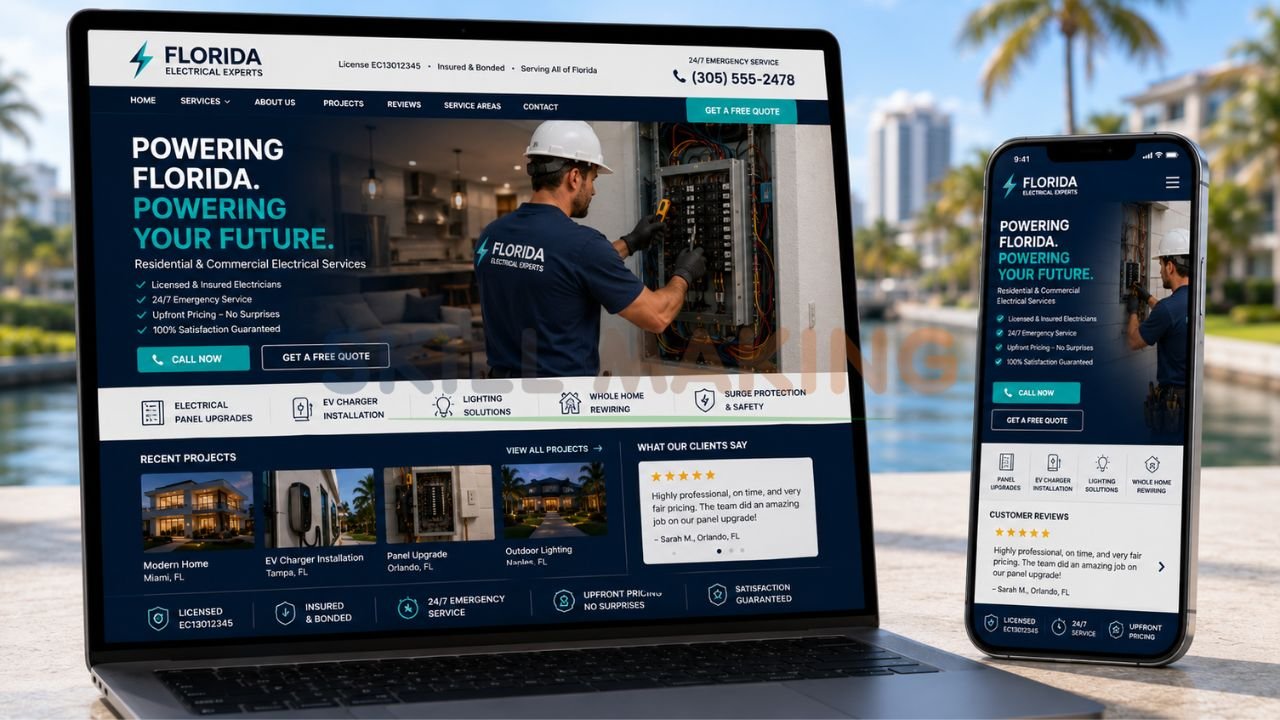 Mobile-friendly professional electrical contractor website design for Florida with call-to-action buttons