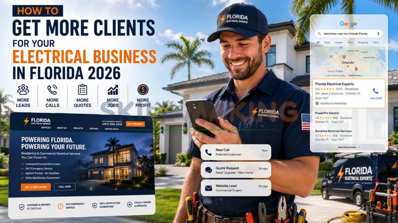 Professional Florida electrician receiving more client leads with smartphone and website in sunny Florida setting