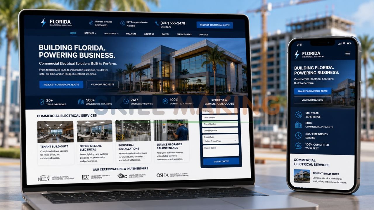 Professional website mockup for commercial electrical contractor in Florida showing quote request form