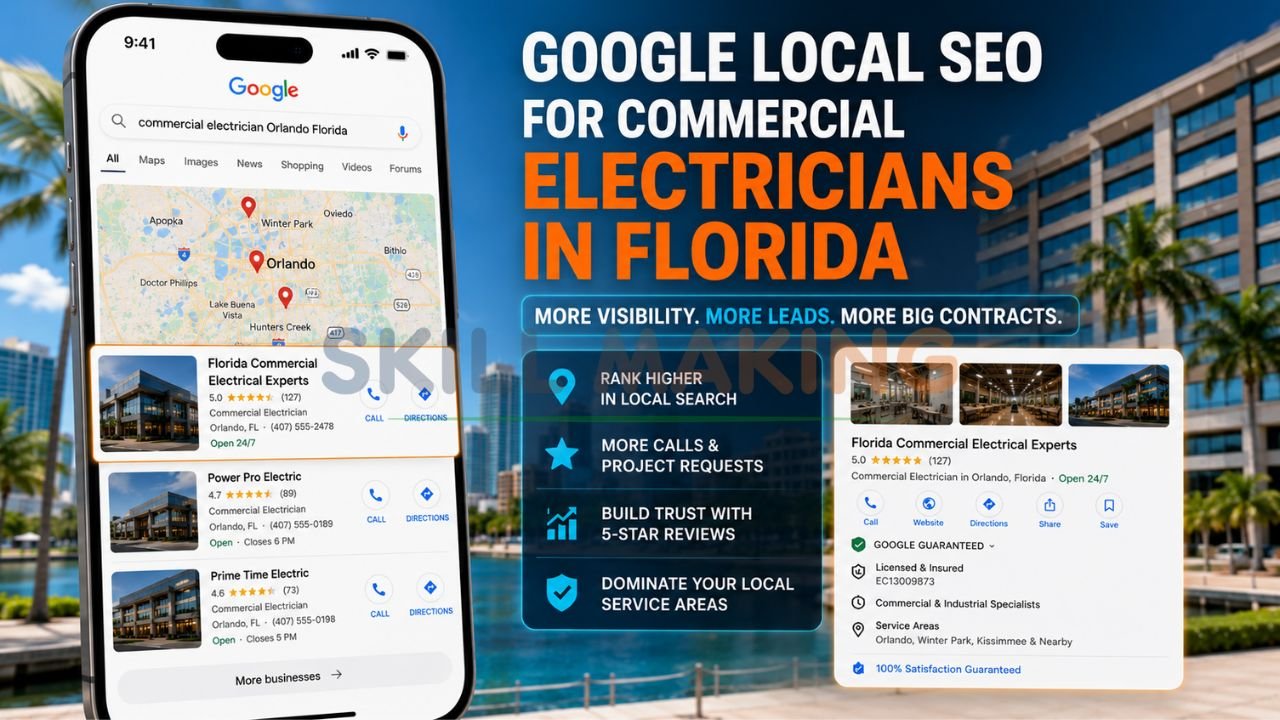 Google search results and Map Pack showing commercial electrical contractor ranking high in Florida