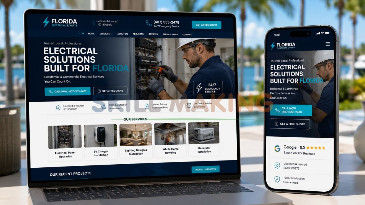 Professional electrical contractor website mockup on laptop and mobile optimized for Florida leads