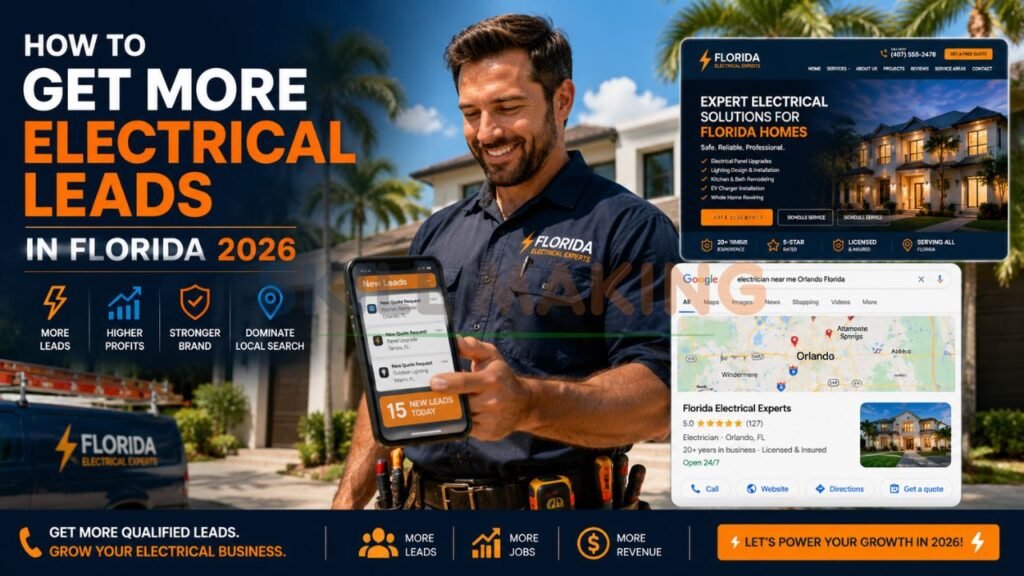 Florida electrician receiving more leads on smartphone with professional website and sunny background