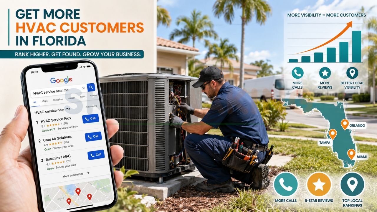 Florida HVAC technician repairing air conditioning unit with Google local SEO rankings, HVAC leads, reviews, and local search marketing graphics
