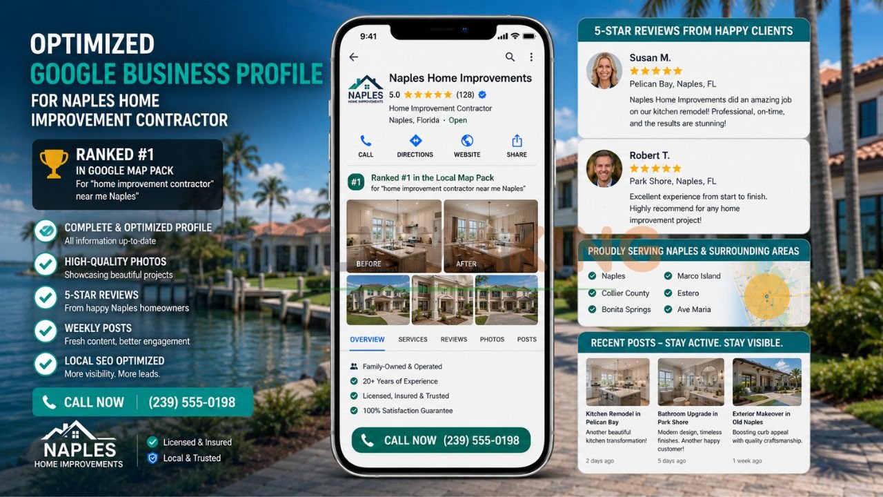 Google Business Profile and Map Pack showing home improvement contractor ranking high in Naples Florida