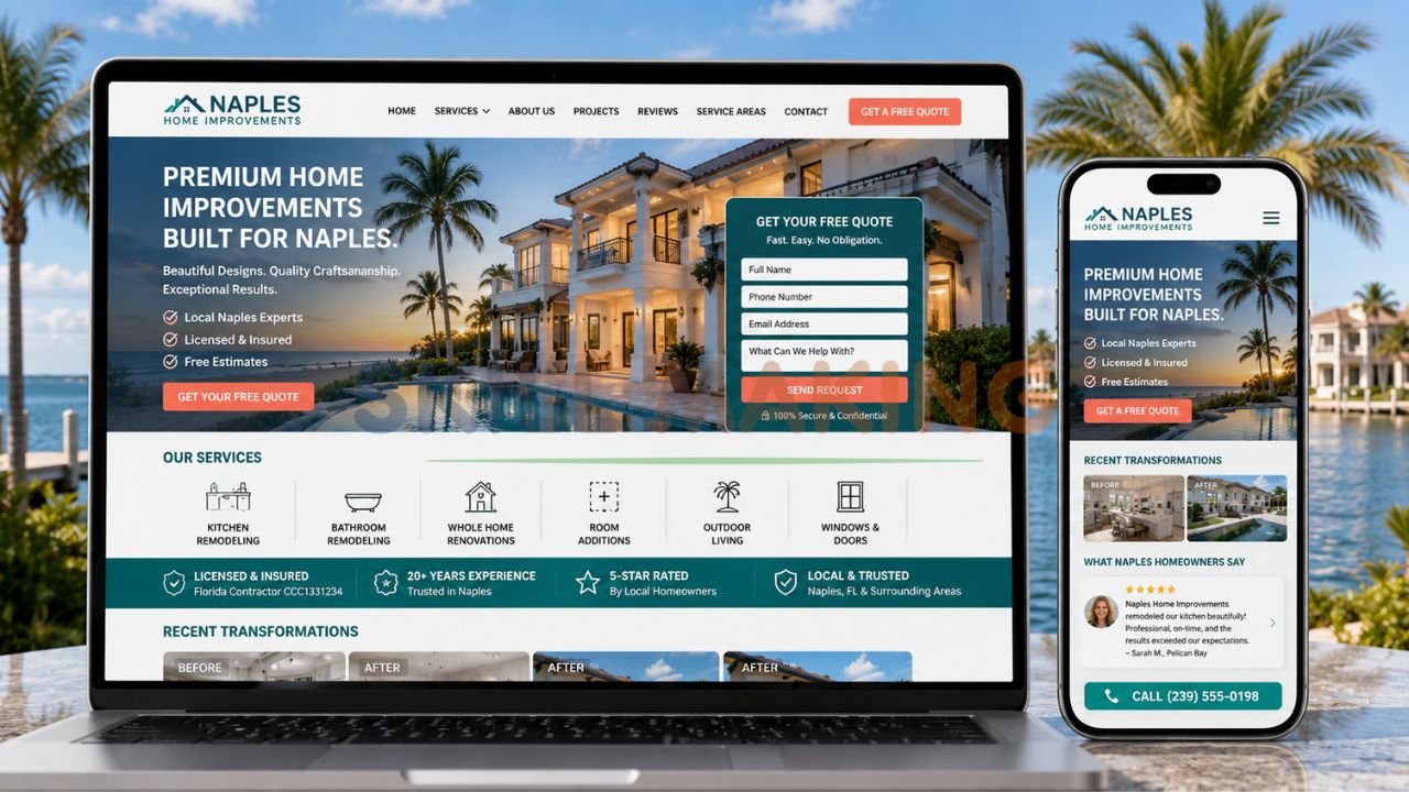 Modern professional home improvement contractor website mockup optimized for Naples FL leads
