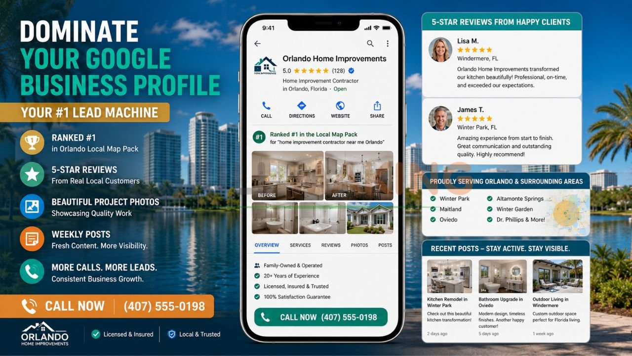 Optimized Google Business Profile for home improvement contractor in Orlando showing strong local ranking and active management