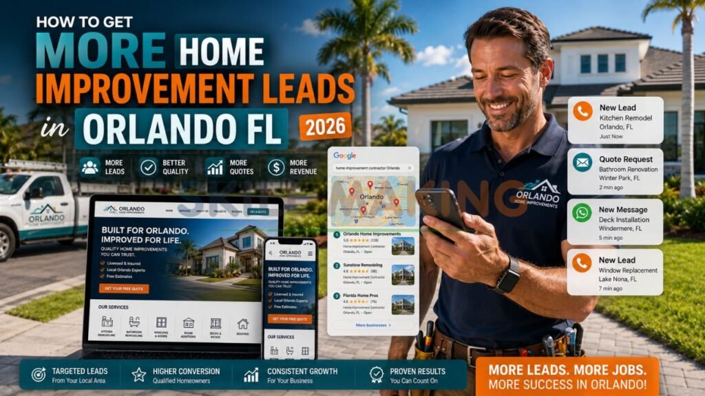 Professional home improvement contractor in Orlando receiving qualified leads on smartphone with modern home background