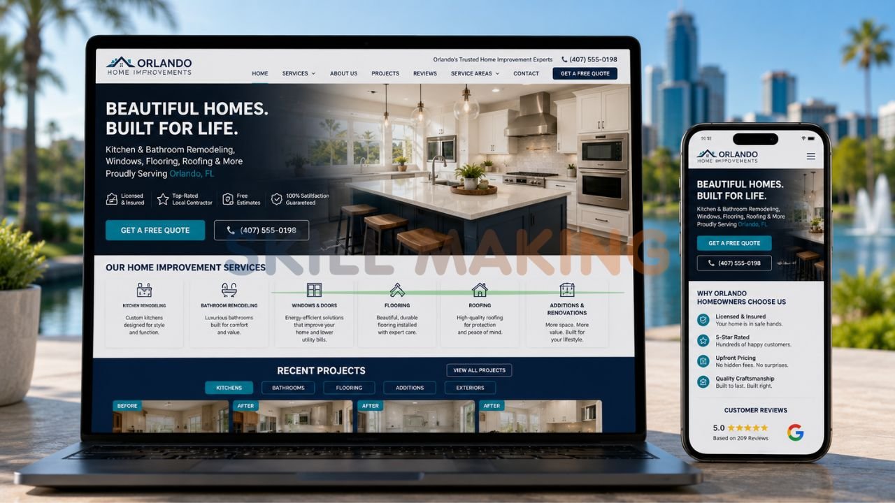 Modern professional home improvement contractor website mockup optimized for Orlando leads