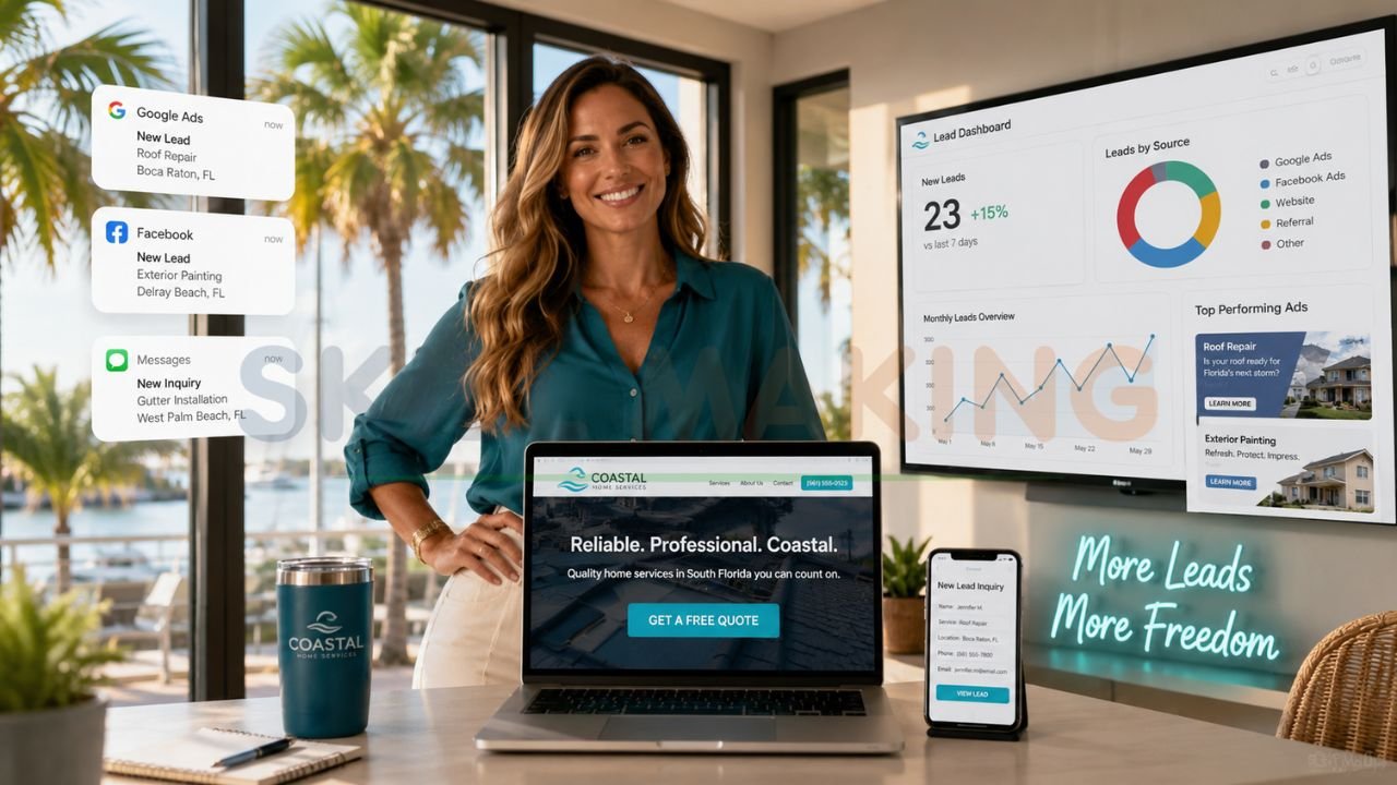 home service business lead generation dashboard with Google Ads Facebook leads website inquiries and conversion tracking