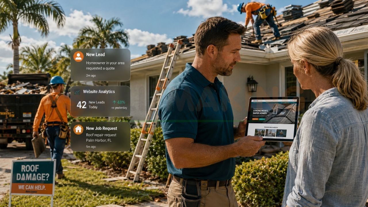 Florida roofing contractor showing homeowner a roofing website after hurricane storm damage with lead generation and roofing repair analytics