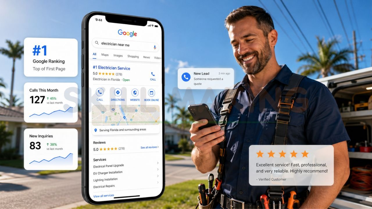 Electrician ranking on the first page of Google Maps with more calls, reviews, and electrical service leads in Florida