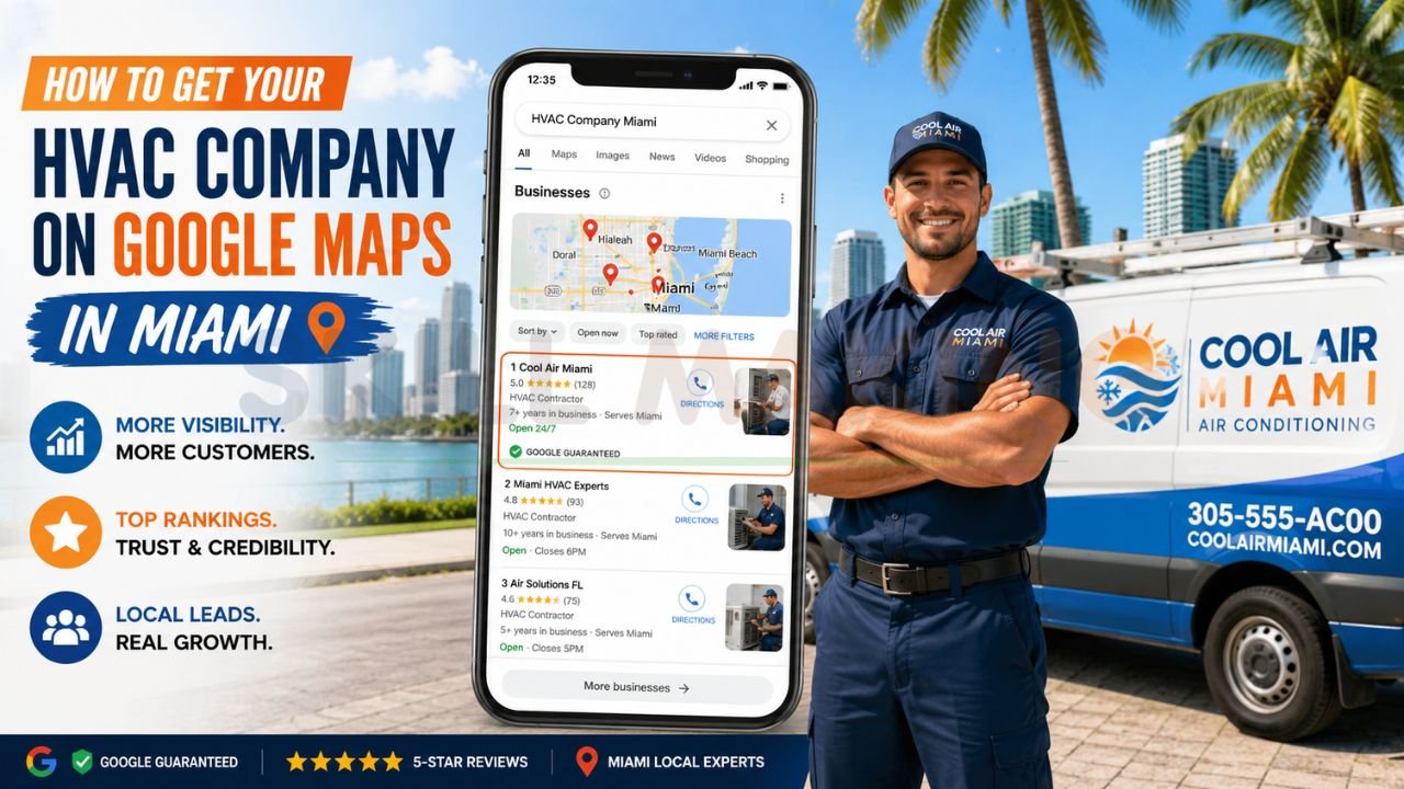 Miami HVAC contractor standing beside service van while showing Google Maps rankings on smartphone