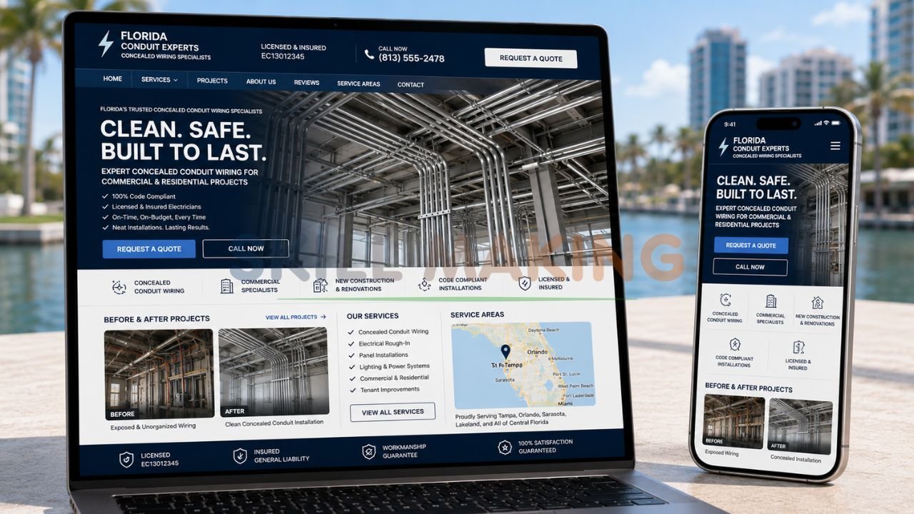 High-converting website mockup for concealed conduit wiring business in Florida with project gallery