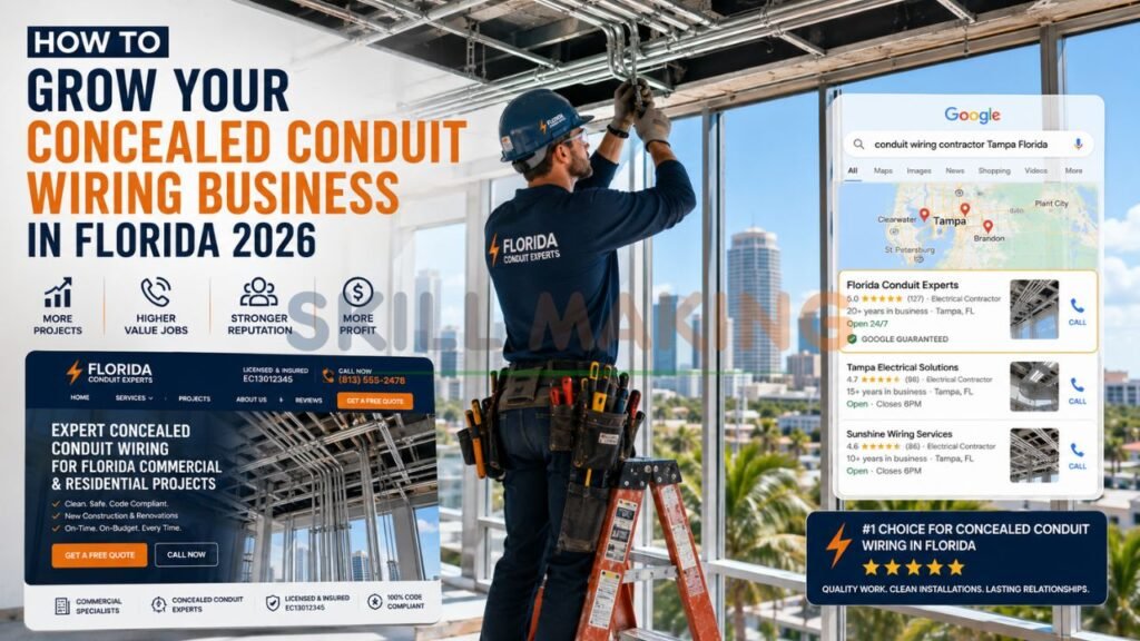 Professional concealed conduit wiring installation in modern Florida commercial building with sunny skyline