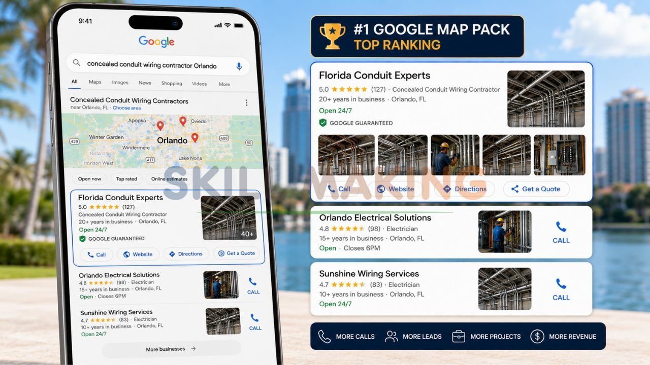 Google search results and Map Pack showing concealed conduit wiring contractor ranking in Florida
