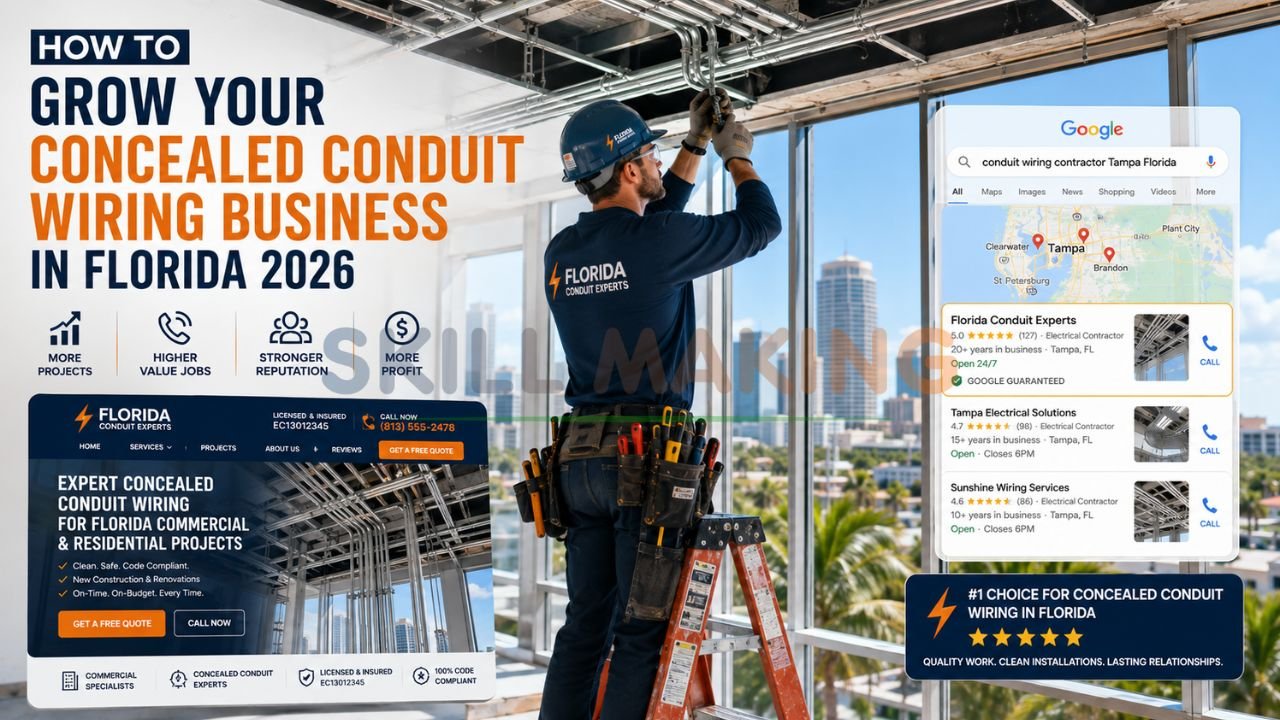 Professional concealed conduit wiring installation in modern Florida commercial building with sunny skyline