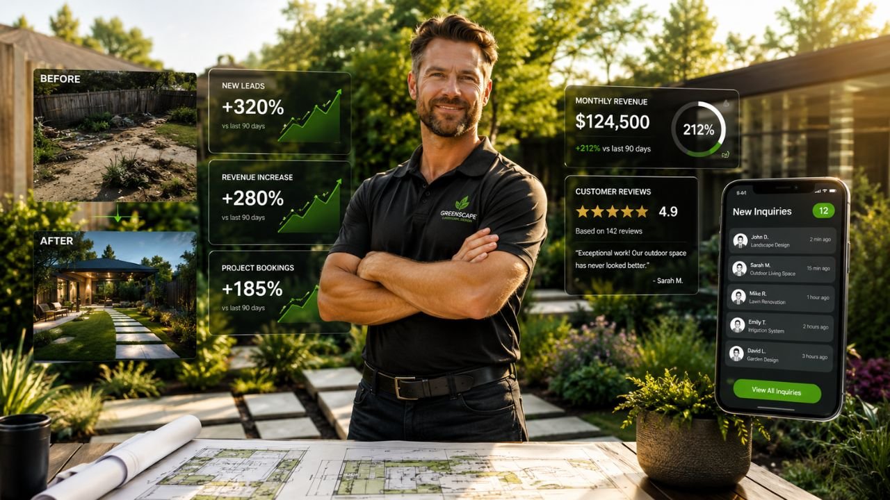 landscaping business owner showing increased leads, customer reviews, and revenue growth through digital marketing
