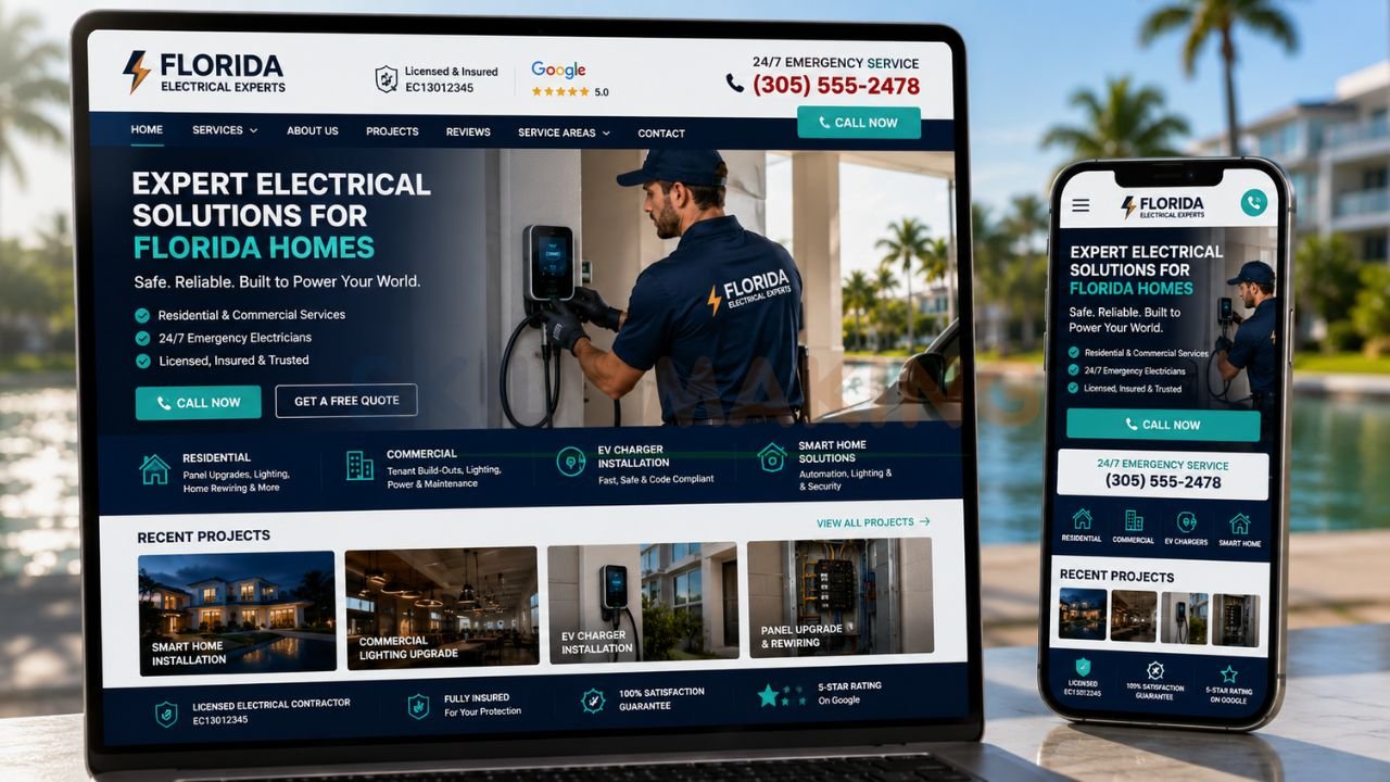 Mobile-friendly professional electrical business website mockup with call-to-action buttons