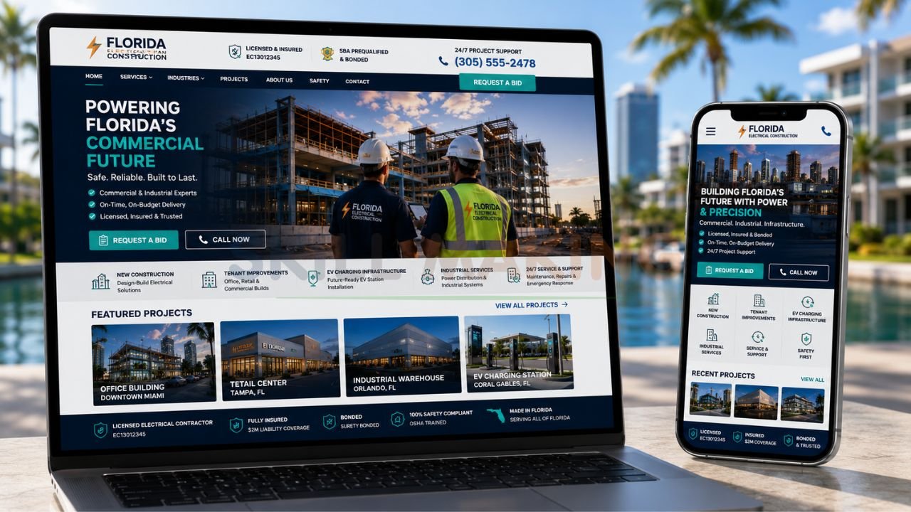 Professional electrical construction company website mockup on laptop and mobile for Florida contractors