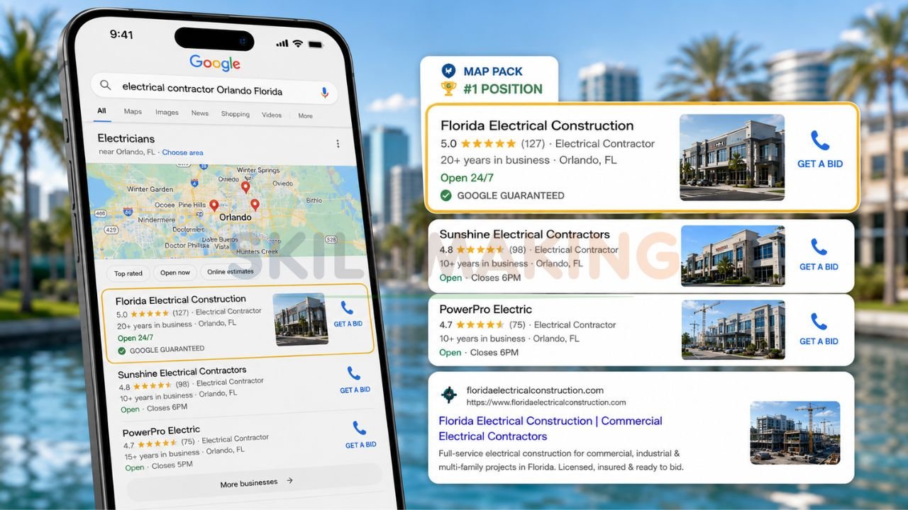 Google search results showing electrical construction company ranking in Florida Map Pack