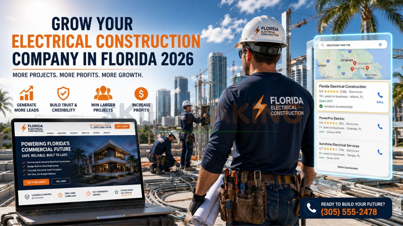 Professional Florida electrical construction team on large commercial project site with sunny skyline