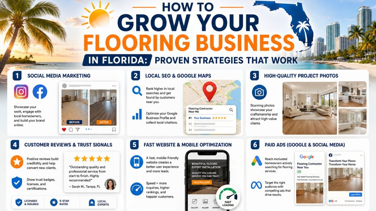 flooring business marketing strategies in Florida including local SEO Google Maps social media reviews and Google Ads