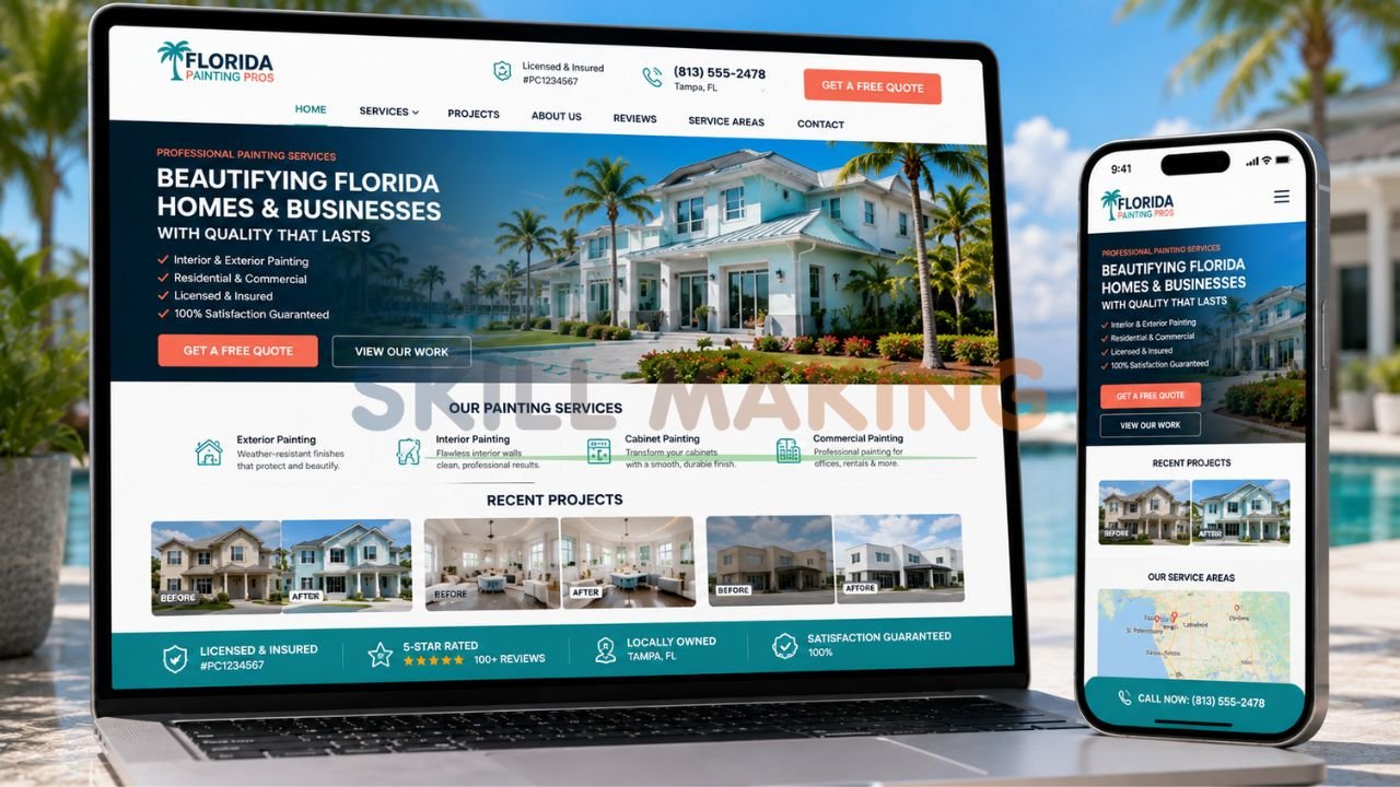 Modern professional painting contractor website mockup on laptop and mobile for Florida