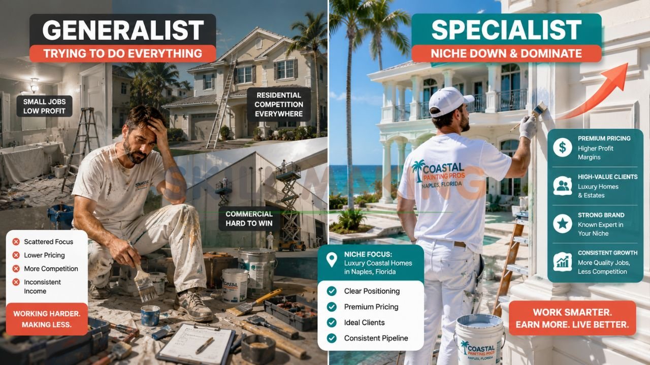 Split comparison showing generalist painter vs specialized painting expert in Florida – luxury coastal home vs commercial warehouse