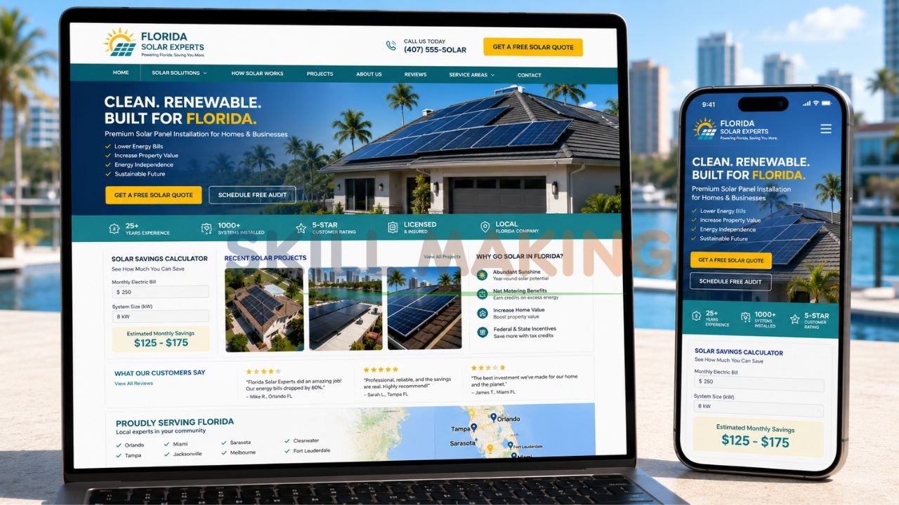 Professional solar panel installation company website mockup on laptop and mobile for Florida