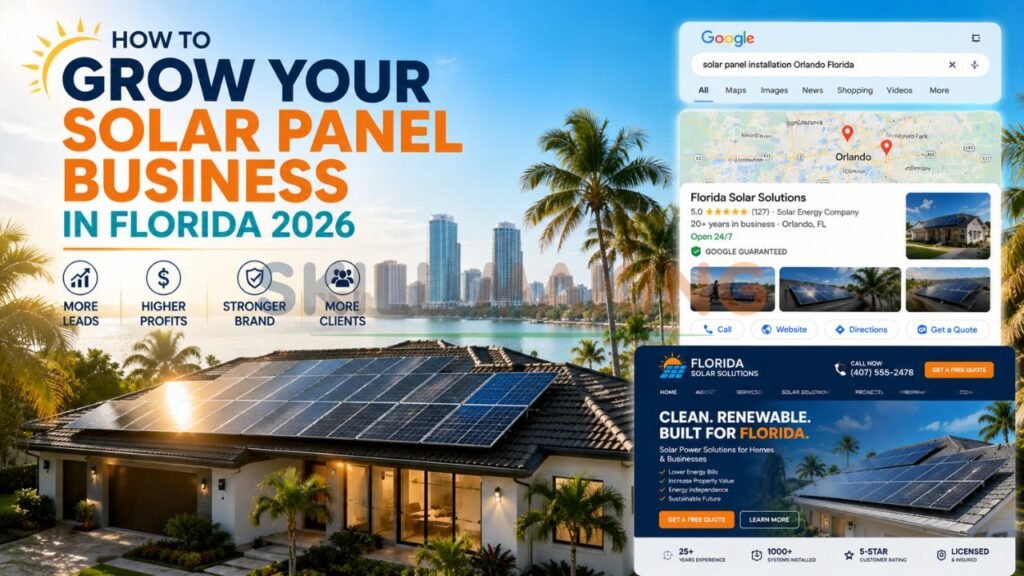Professional solar panel installation on a beautiful Florida home with sunny sky and palm trees