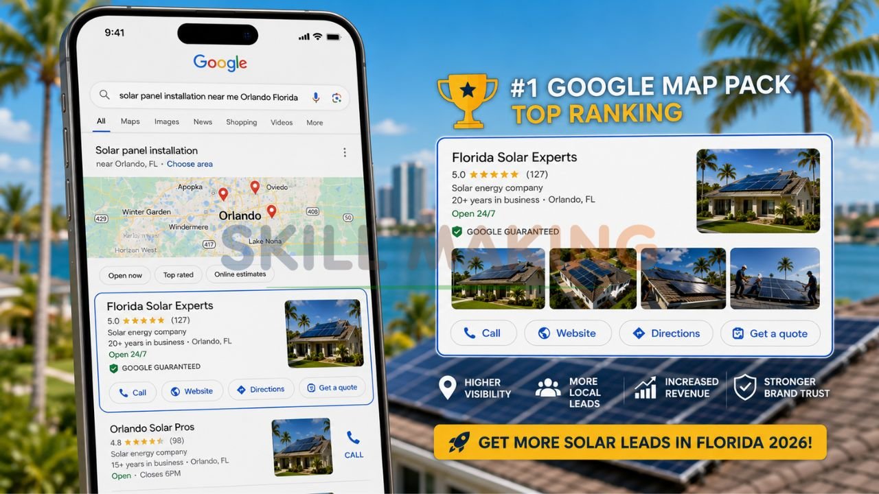 Google search results and Map Pack showing solar panel company ranking high in Florida