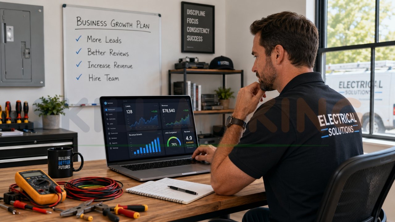 Electrical business owner reviewing growth strategy