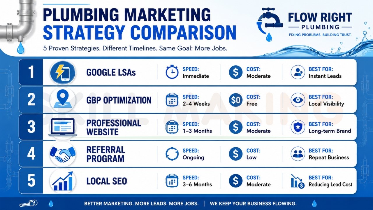 Plumbing marketing strategy comparison infographic