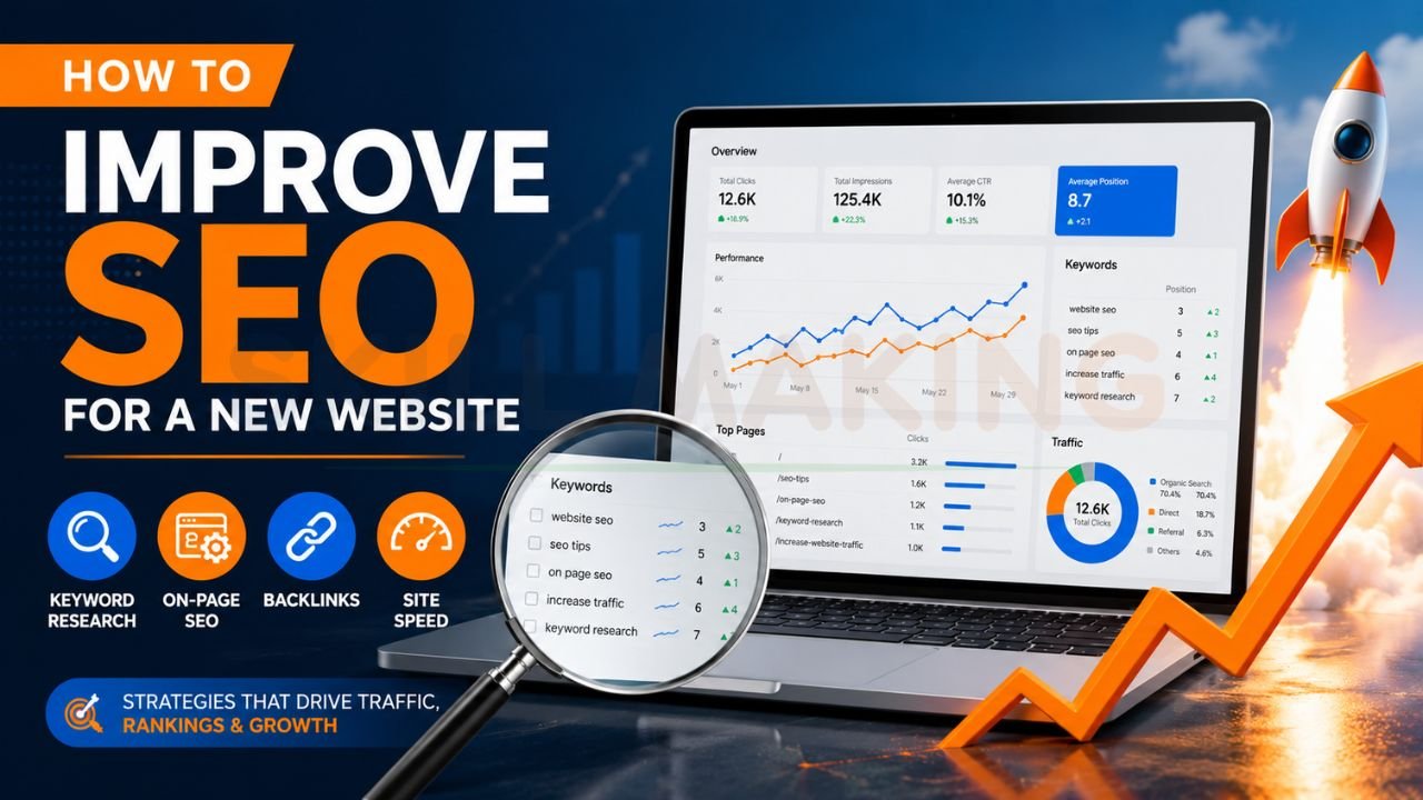 Infographic showing SEO strategies for a new website including keyword research, on-page SEO, backlinks, and website speed optimization