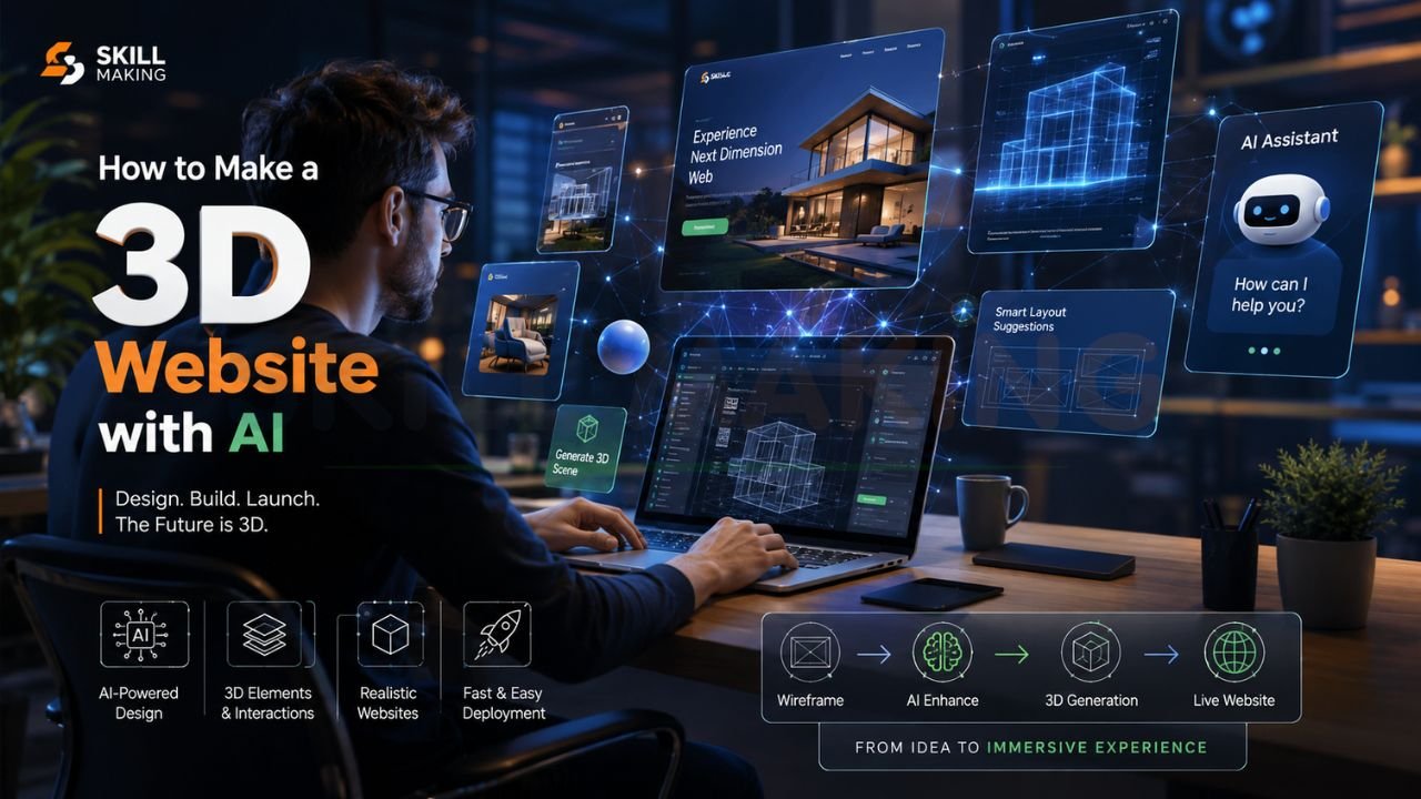 Developer using AI tools to create a futuristic 3D website with interactive elements, AI assistant, 3D modeling, and immersive web design