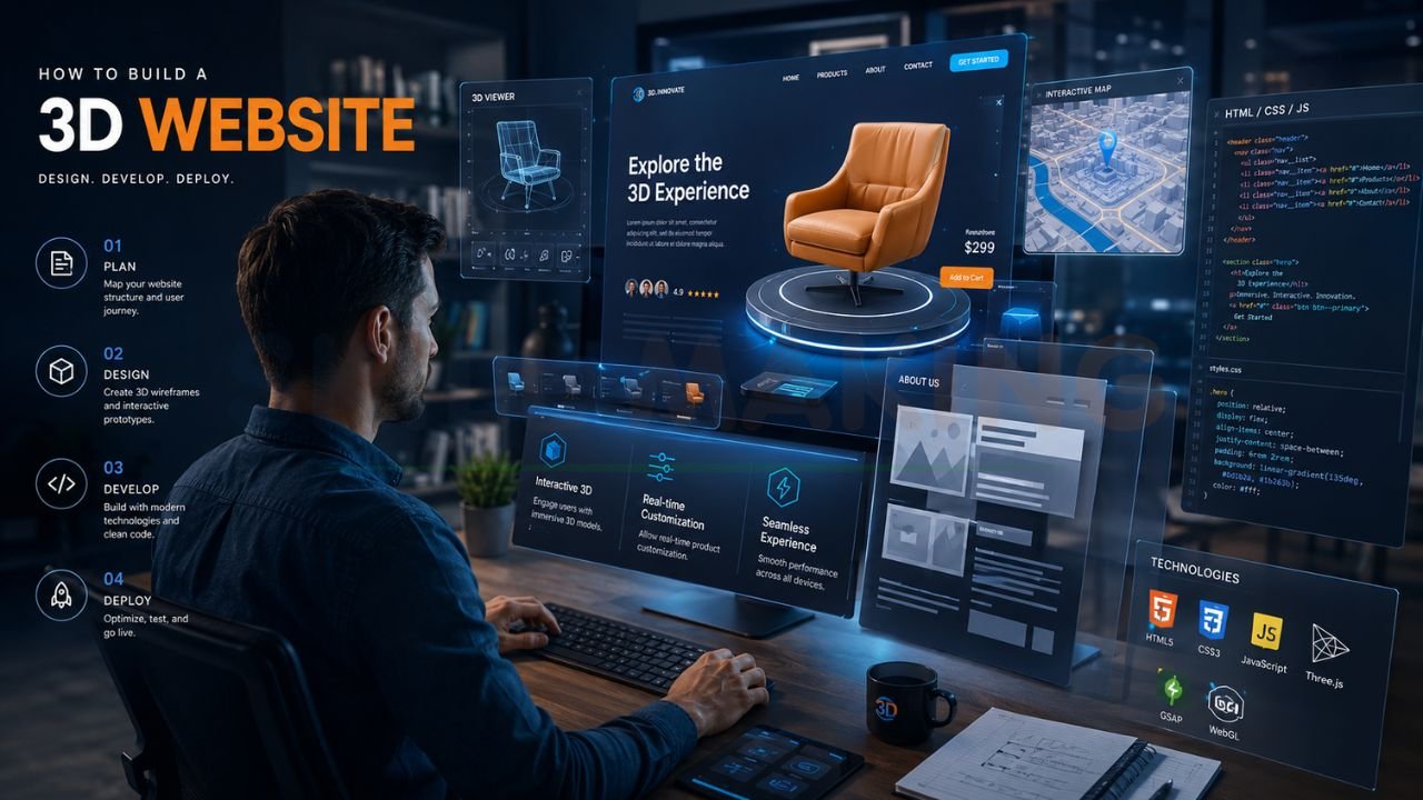 Developer creating an interactive 3D website with product visualization, WebGL, Three.js, HTML, CSS, and JavaScript technologies
