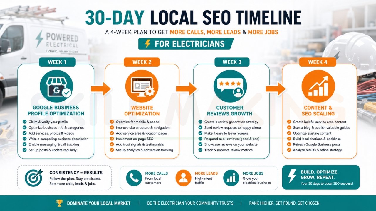 30-day local SEO timeline for electricians showing weekly plan for Google Business Profile optimization, reviews, website SEO, and content growth